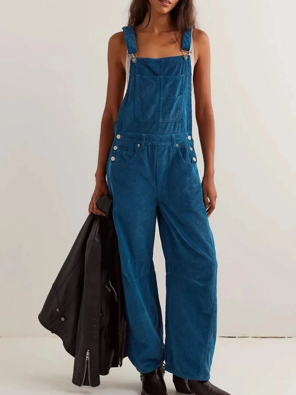 Corduroy Wide-Leg Overall with Adjustable Straps in Dusty Blue - photo