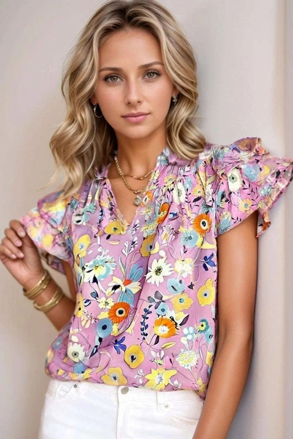 Printed Notched Double Layered Ruffle Sleeve Blouse - SwagglyLife Home & Fashion