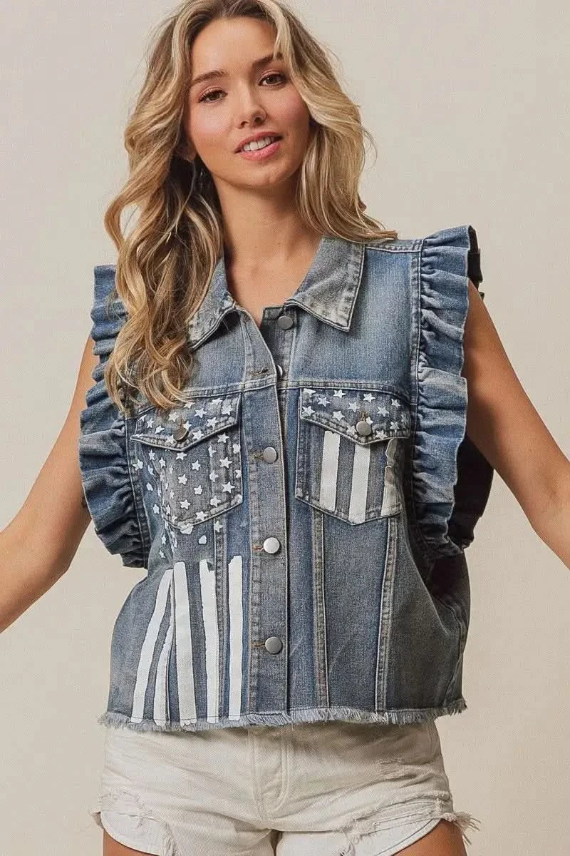 BiBi American Flag Washed Denim Jacket - SwagglyLife Home & Fashion
