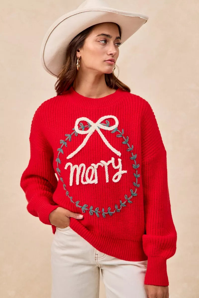BiBi Christmas Wreath Merry Letter Knit Top in - photo