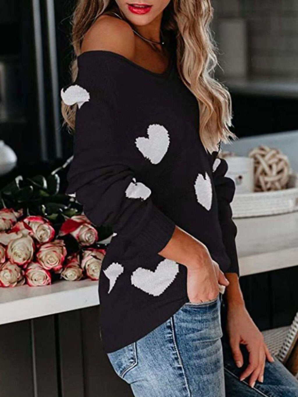 Heart Scoop Neck Long Sleeve Sweater in - photo
