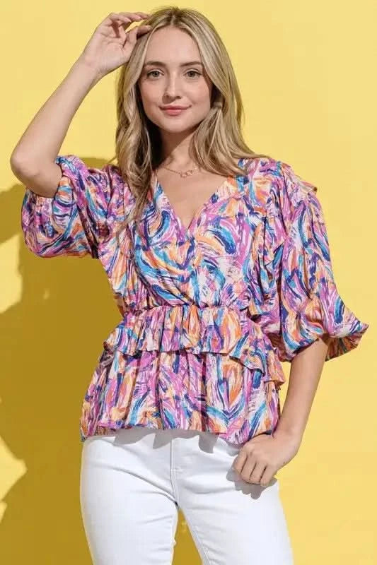 And The Why Printed Lantern Sleeve Blouse - SwagglyLife Home & Fashion