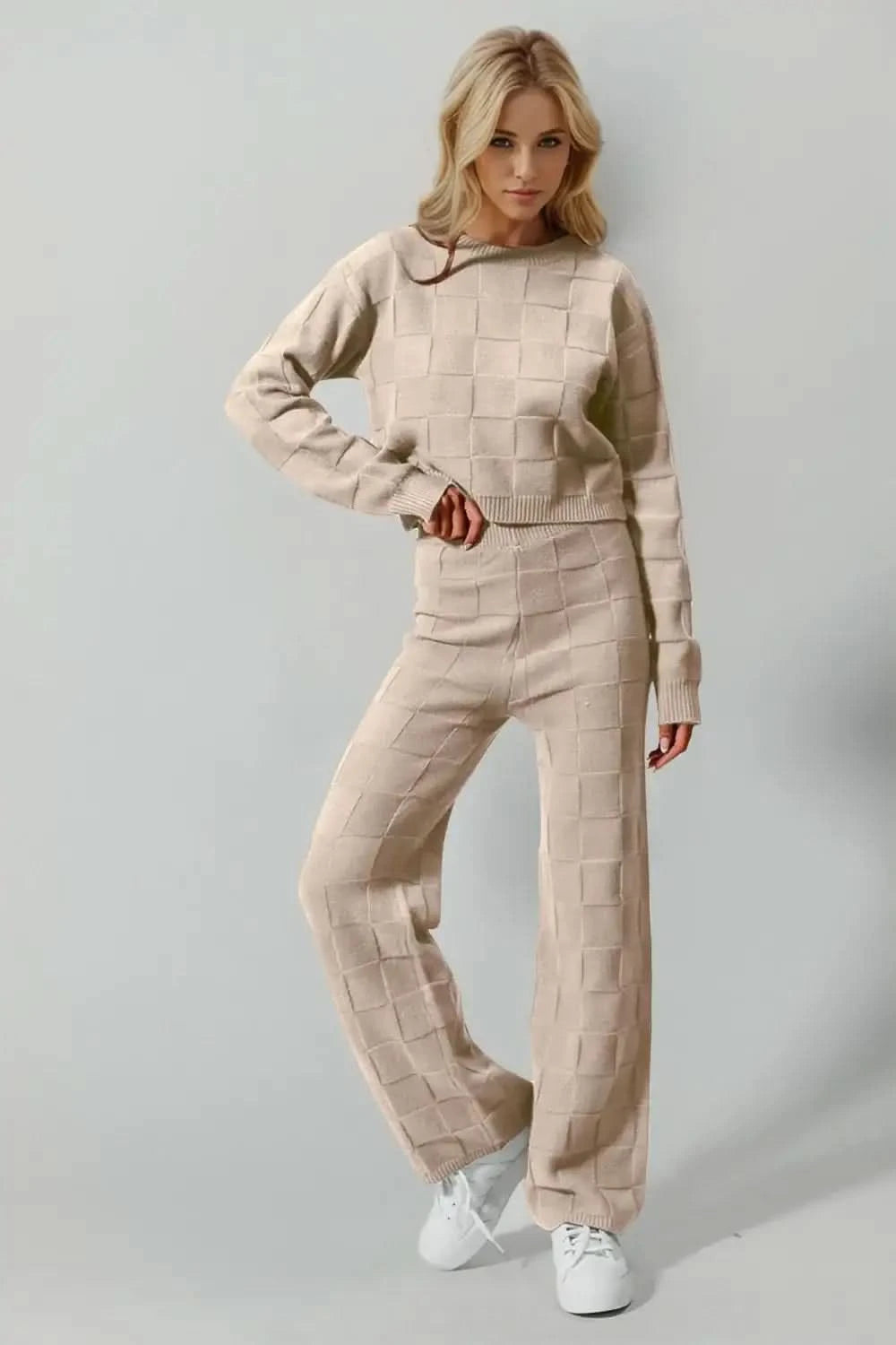 Double Take Full Size Checkered Round Neck Top and Pants Set in Tan - photo