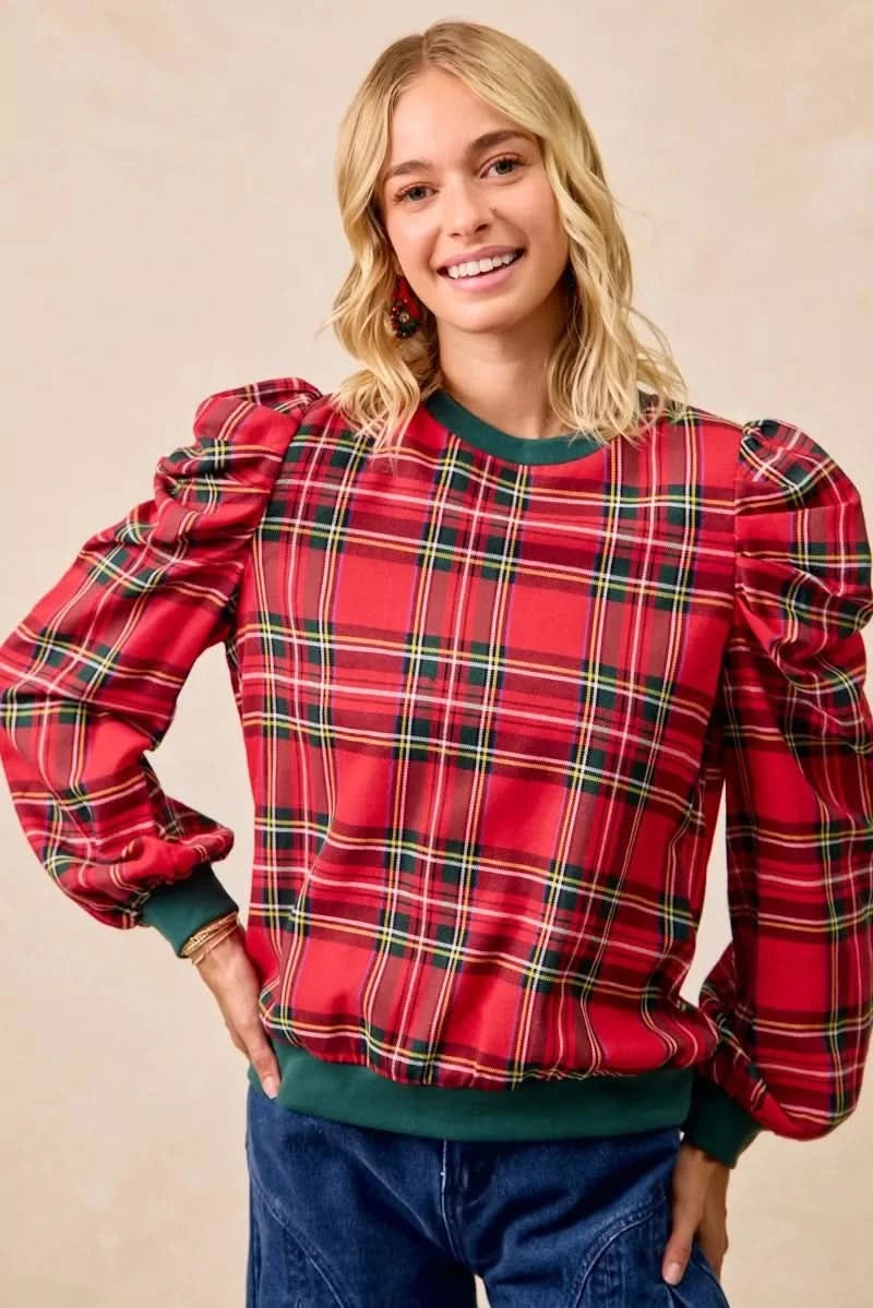 BiBi Christmas Plaid Exaggerated Shoulder Sleeves Top in - photo
