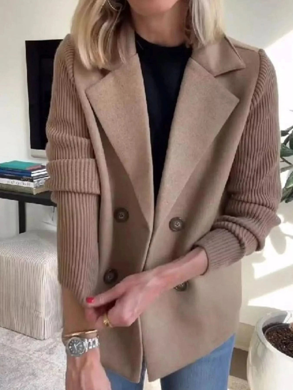 Knit Sleeve Double-Breasted Outerwear in - photo
