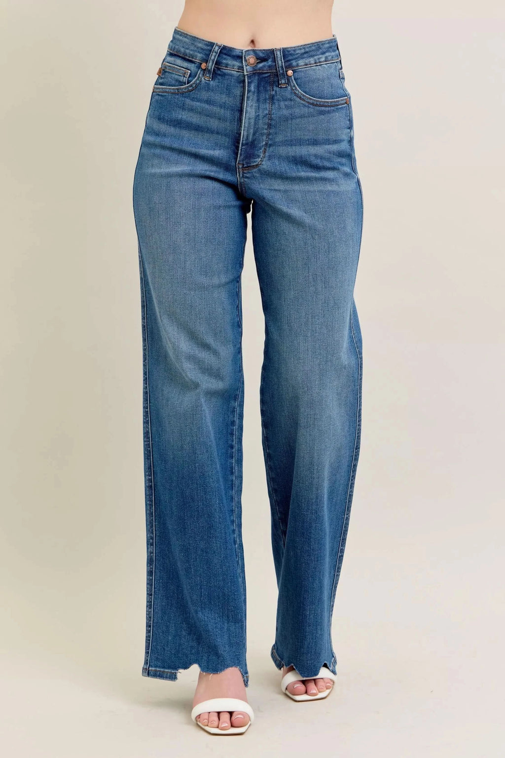 Judy Blue Full Size High Waist Tummy Control Chew Hem Destroy Wide Jeans Plus Size in - photo