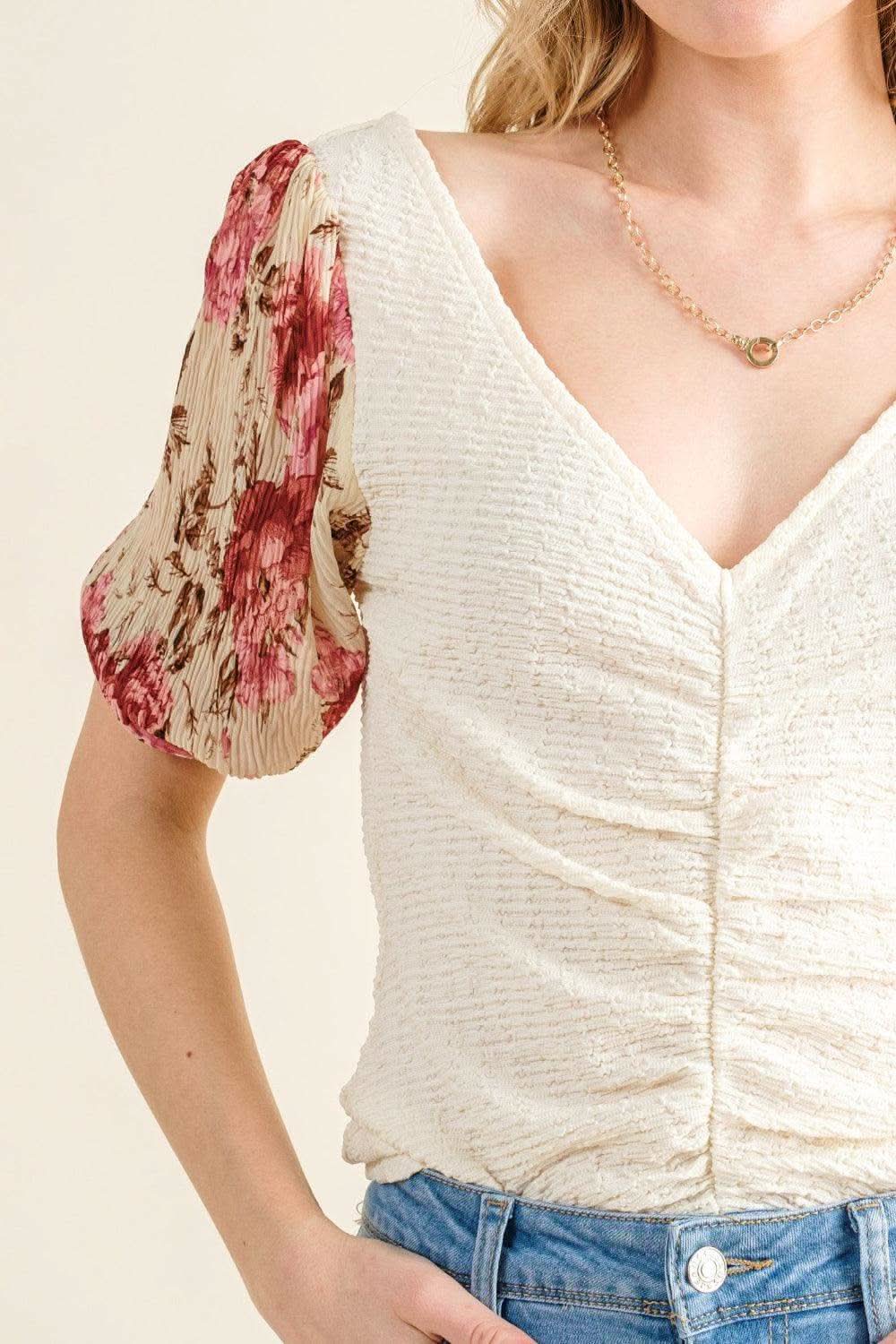 And The Why Full Size Floral Print Textured Sleeve Knit Top in - photo