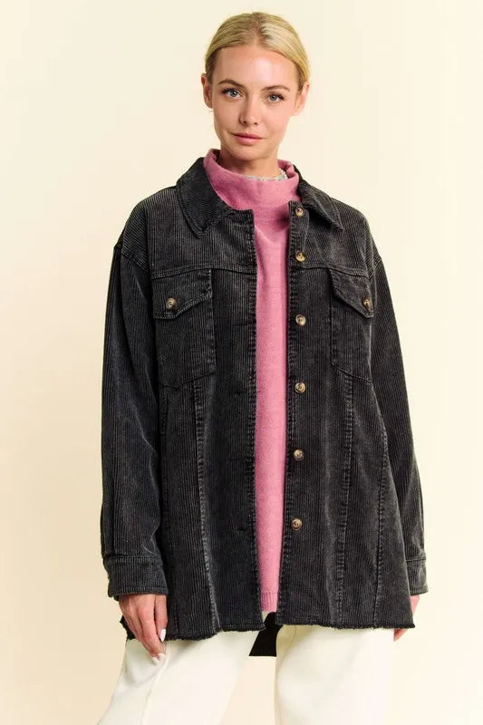 Davi & Dani Washed Corduroy Raw Hem Button Up Jacket in - photo