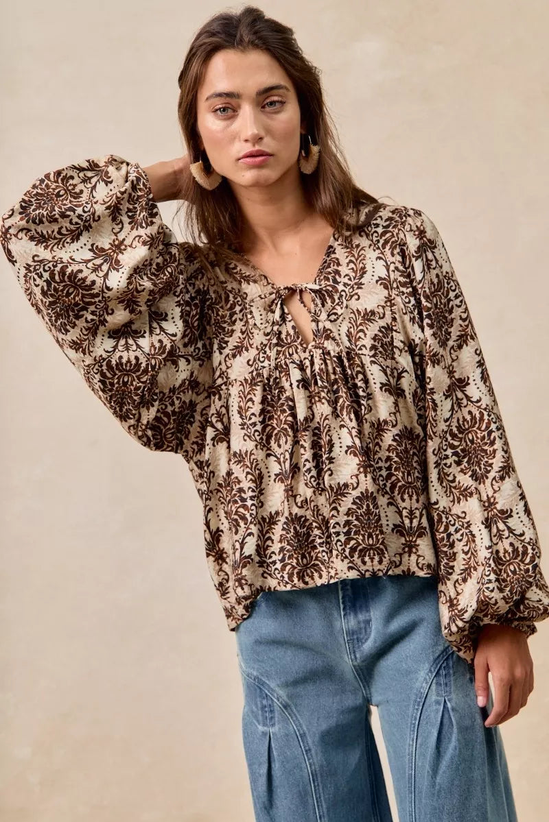 BiBi Printed Woven Front Tied Blouse with Baloon Sleeve in - photo