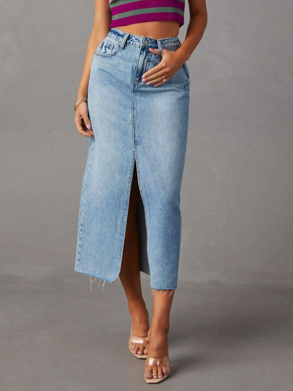 Raw Hem Front Slit Denim Midi Skirt - SwagglyLife Home & Fashion