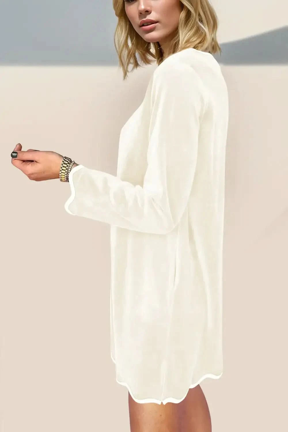 Double Take Wave Contrast Trim V-Neck Zip Up Long Sleeve Mini Dress in - photo