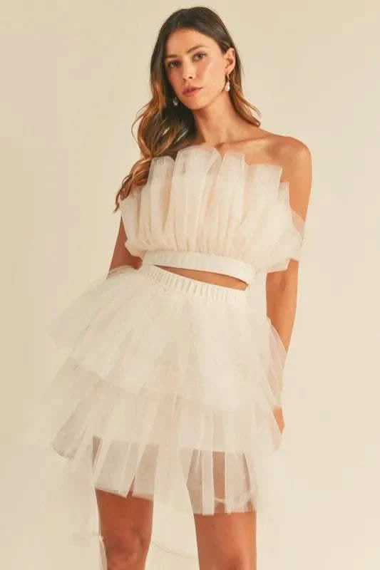 MABLE Tulle Tube Ruffle Crop Top and High Low Maxi Skirt Set in Cream - photo