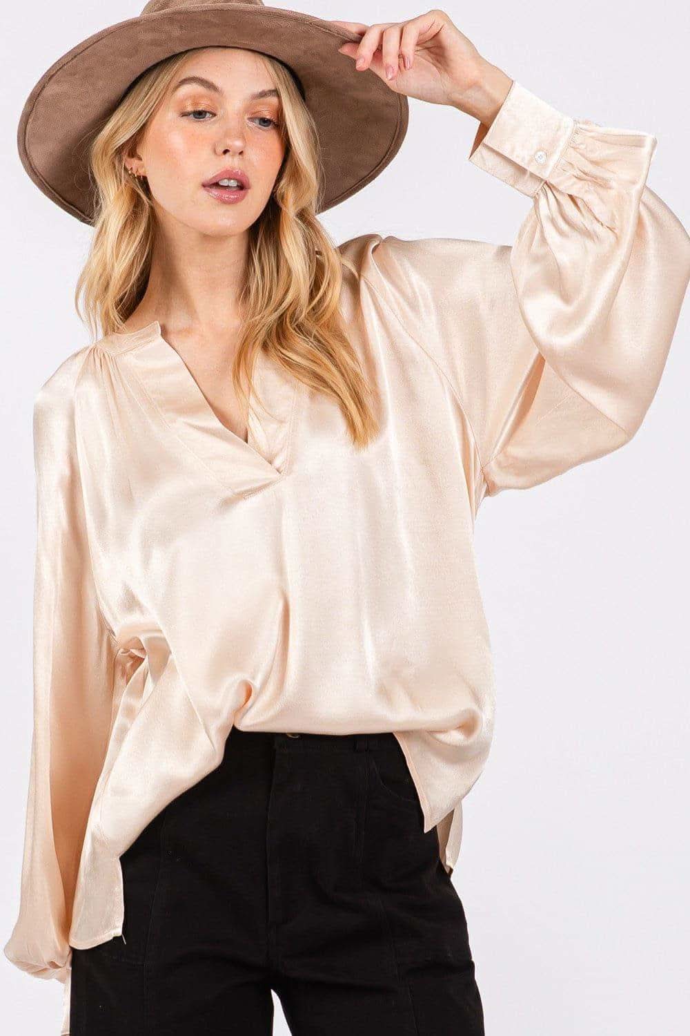SAGE + FIG Notched Long Sleeve Blouse - SwagglyLife Home & Fashion