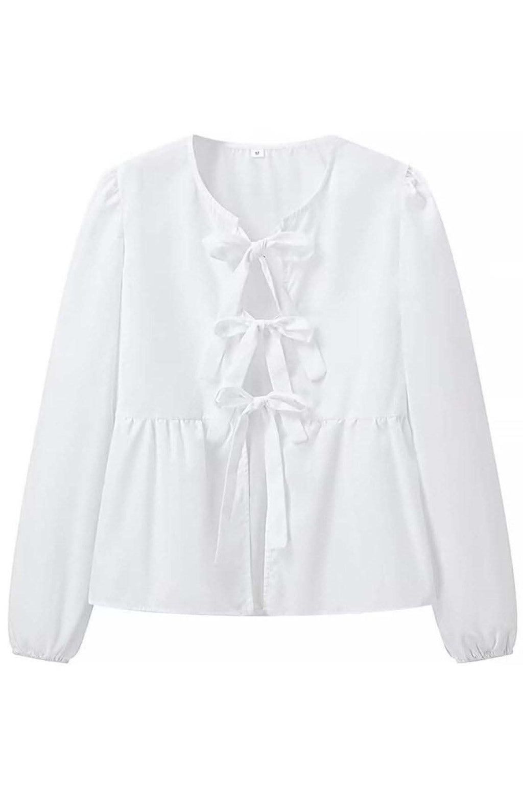 Susan Tied Round Neck Long Sleeve Blouse - SwagglyLife Home & Fashion