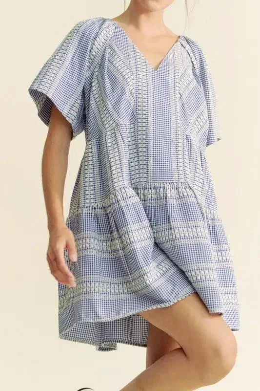 Davi & Dani Embroidered Stripe Ruffled Gingham Mini Dress in - photo