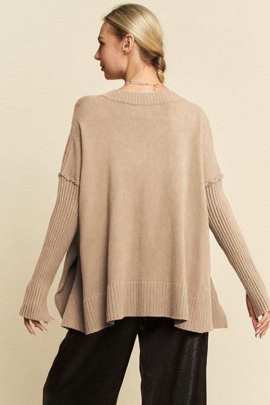 Davi & Dani Ribbed Side Slit V-Neck Sweater in - photo
