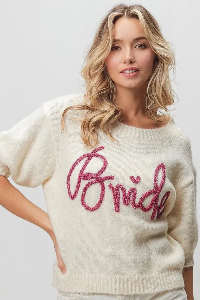 BiBi Metallic Letter Short Puff Sleeve Hairy Sweater in - photo