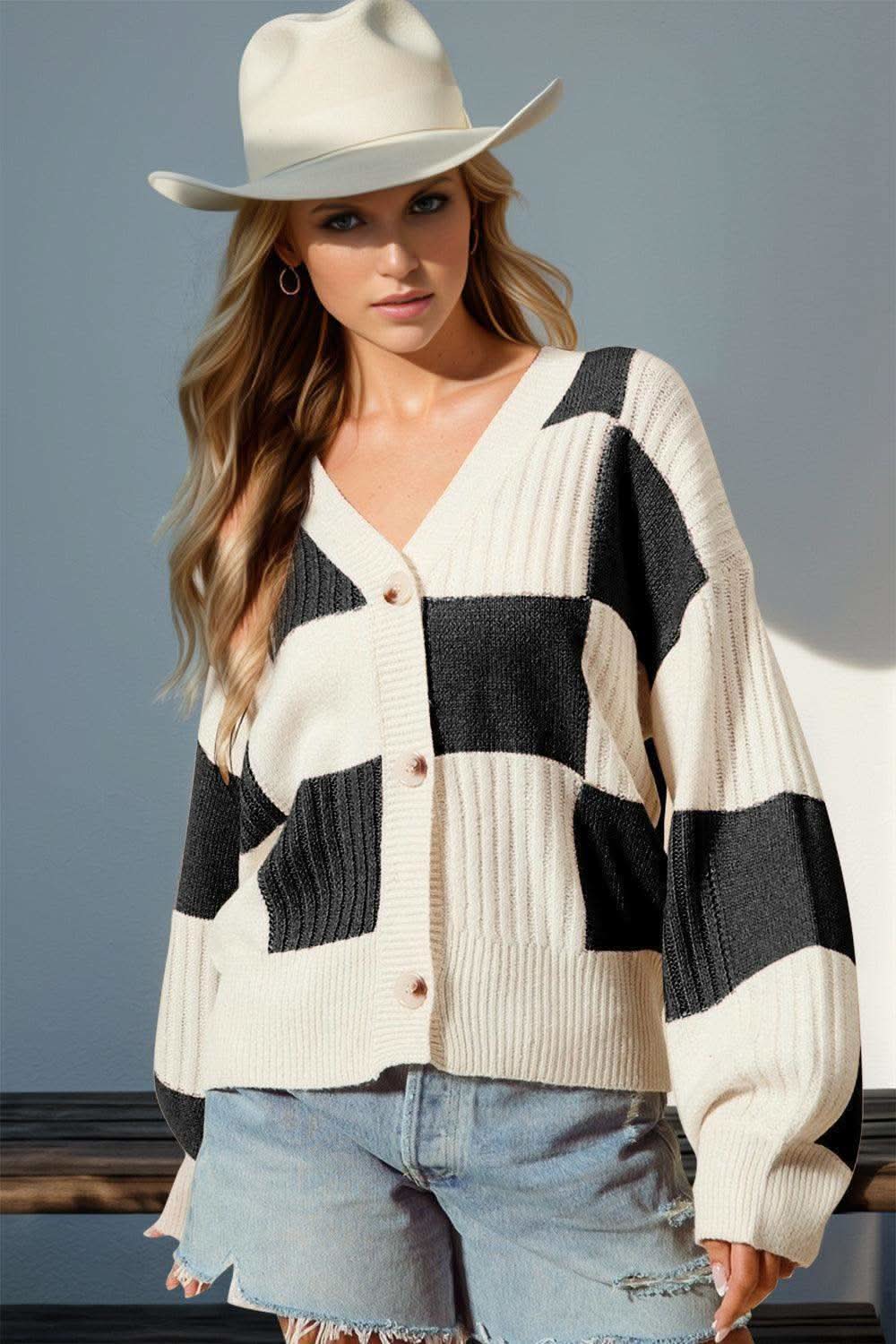 Double Take Full Size Checkered Dropped Shoulder Cardigan in Black - photo