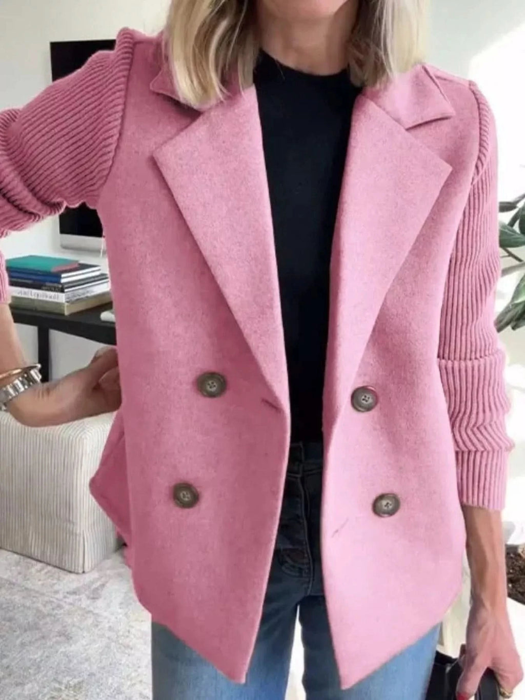 Knit Sleeve Double-Breasted Outerwear in Pink - photo