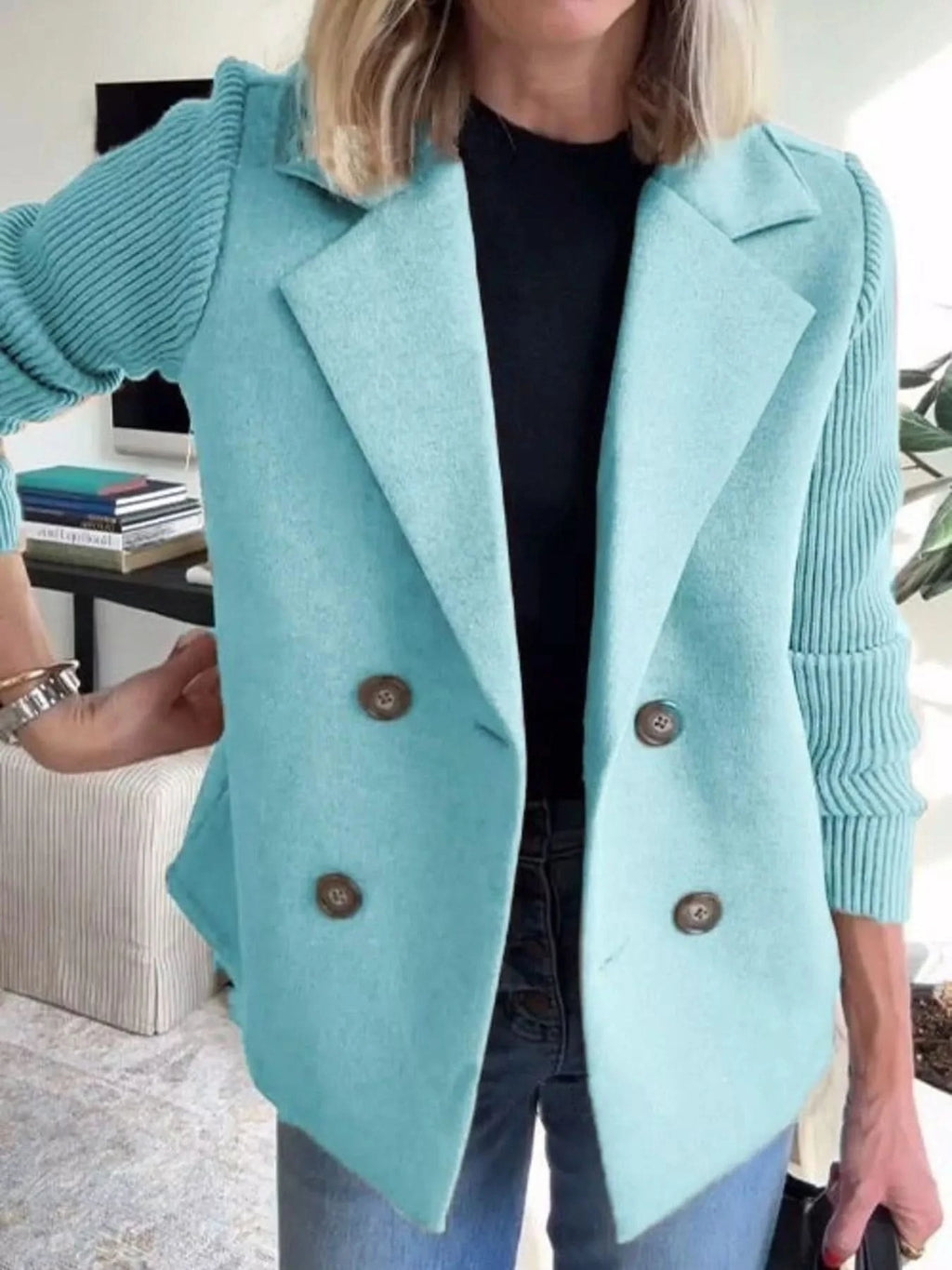 Knit Sleeve Double-Breasted Outerwear in Pastel Blue - photo