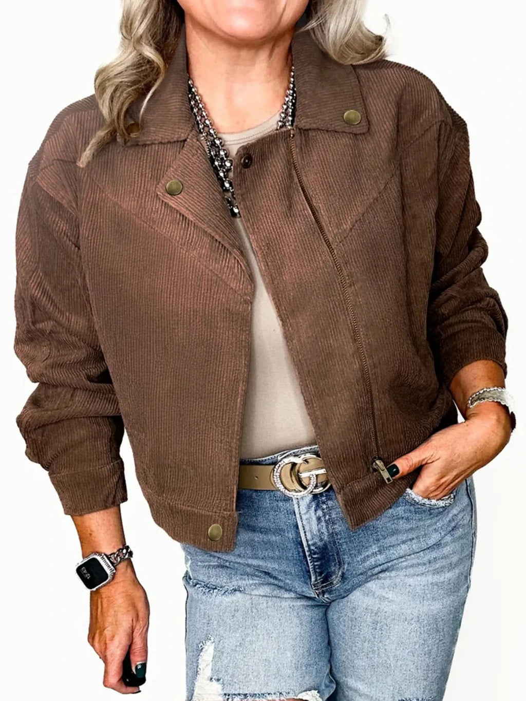 Corduroy Cropped Bomber Jacket in Brown - photo