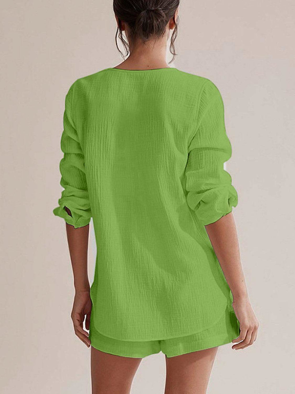 Notched Long Sleeve Top and Shorts Set - SwagglyLife Home & Fashion