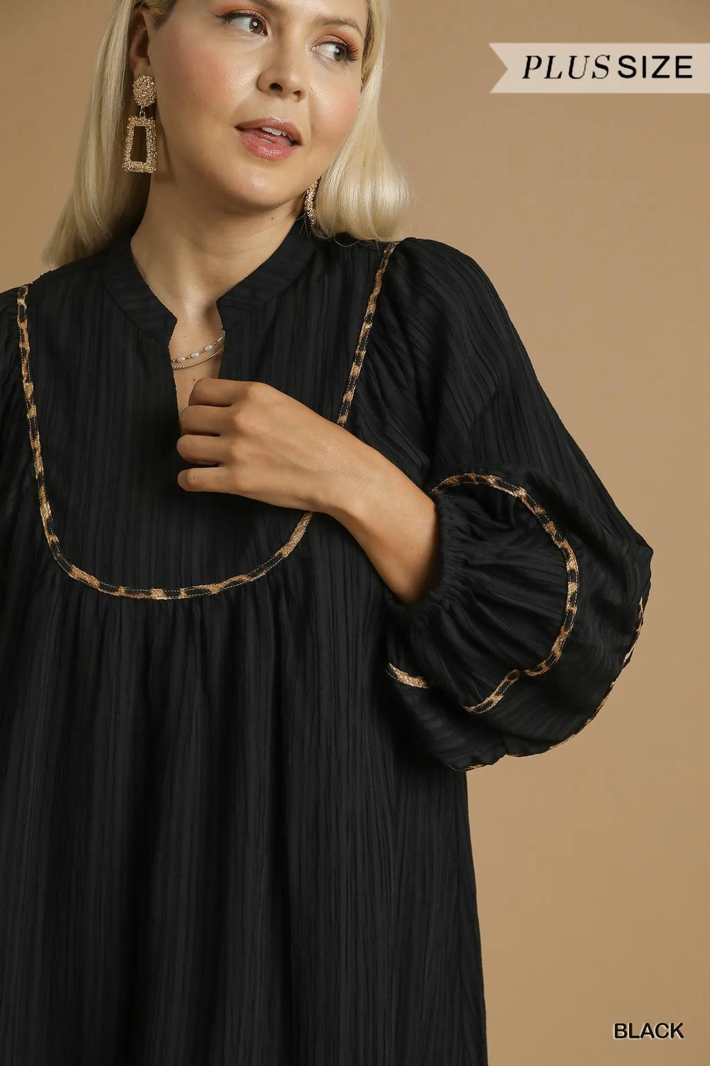 Umgee Full Size Textured Babydoll Dress with Leopard Trim Plus Size in - photo