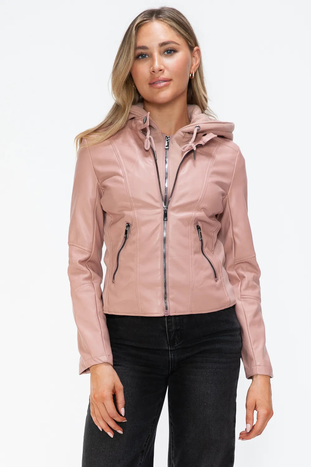 Snobbish Faux Leather Zip Up Drawstring Hooded Jacket in - photo