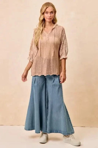 BiBi Jacquard Flower Puff Sleeve Hooded Knit Top - SwagglyLife Home & Fashion BiBi Jacquard Flower Puff Sleeve Hooded Knit Top - SwagglyLife Home & Fashion