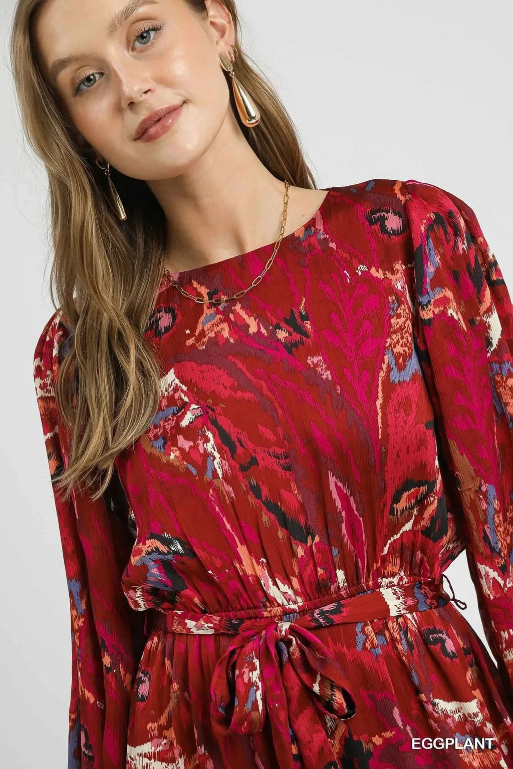 Umgee Ruffled Hem Printed Balloon Sleeve Dress in - photo