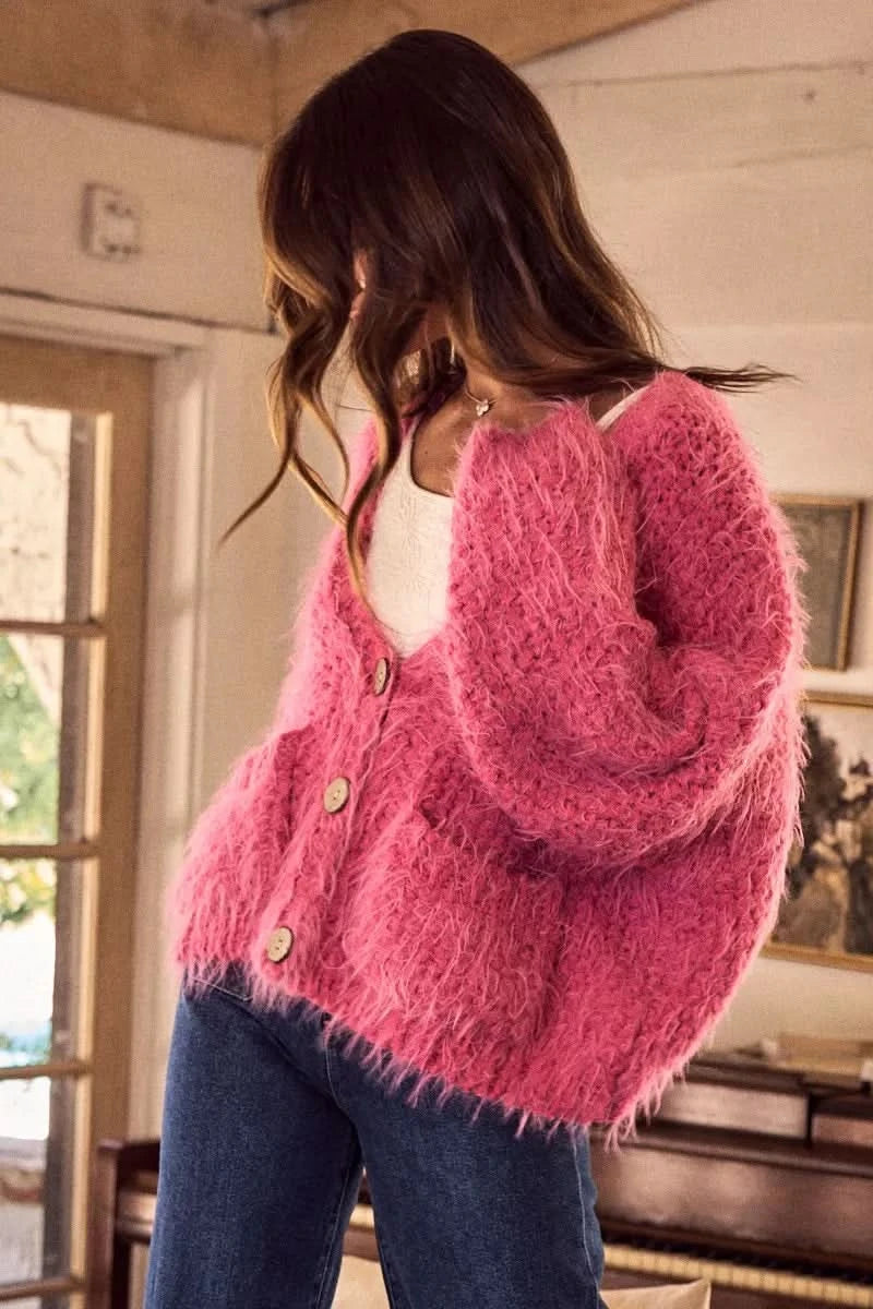 SO ME Soft Touch Hairy Loose Fit Cozy Sweater Cardigan in - photo