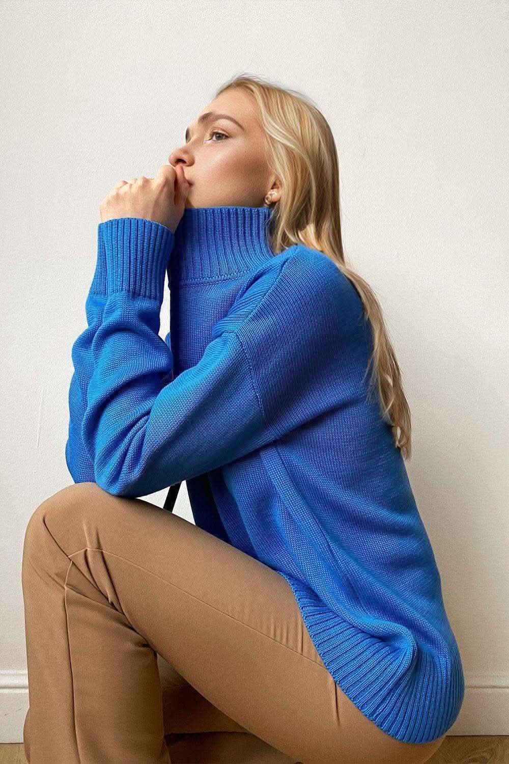 Basic Bae Turtleneck Dropped Shoulder Long Sleeve Sweater in Royal Blue One Size - sweater photo