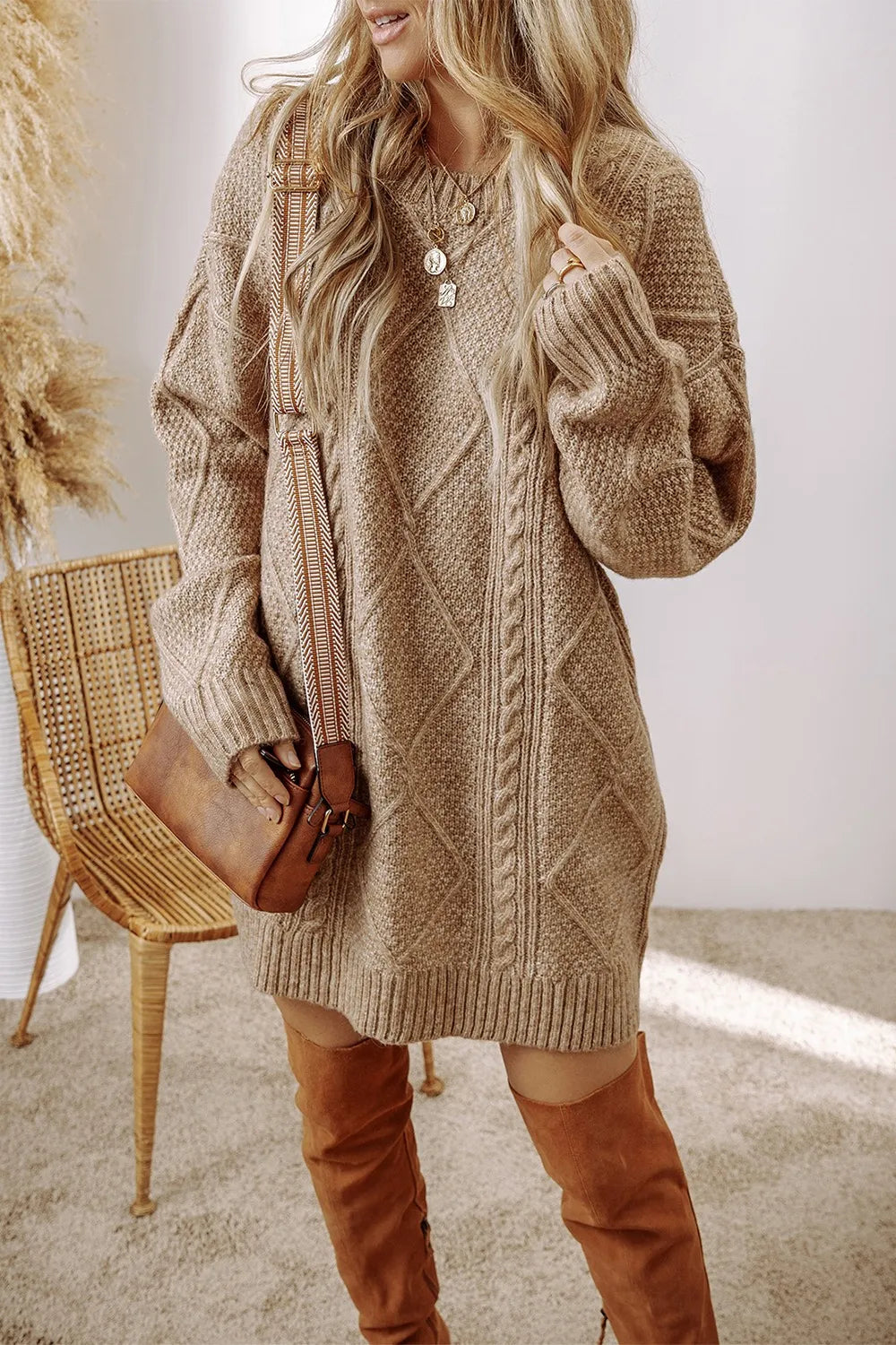 Cable-Knit Round Neck Sweater Dress - SwagglyLife Home & Fashion
