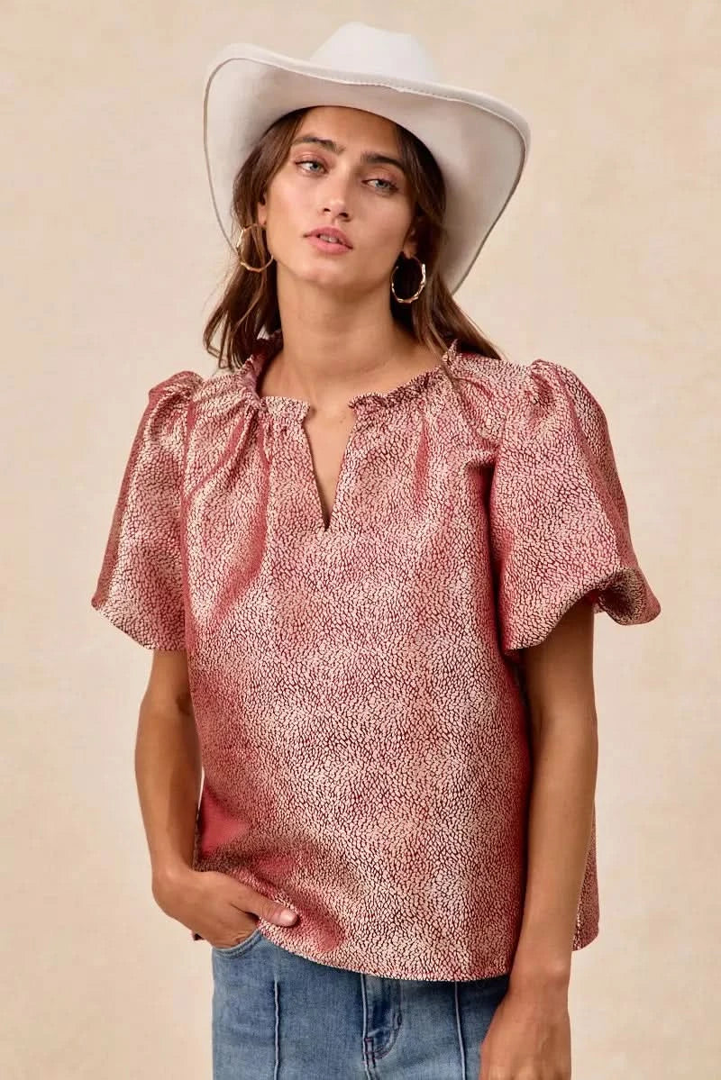 BiBi Jacquard Woven Short Balloon Sleeves V Neck Top in - photo