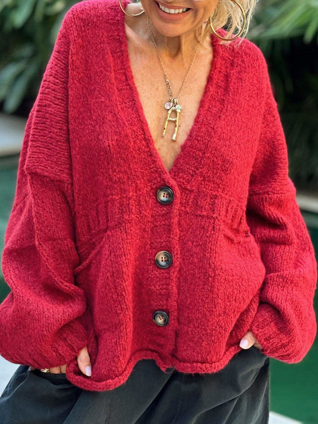 Pocketed V-Neck Button Up Cardigan in Deep Red - Cardigans photo