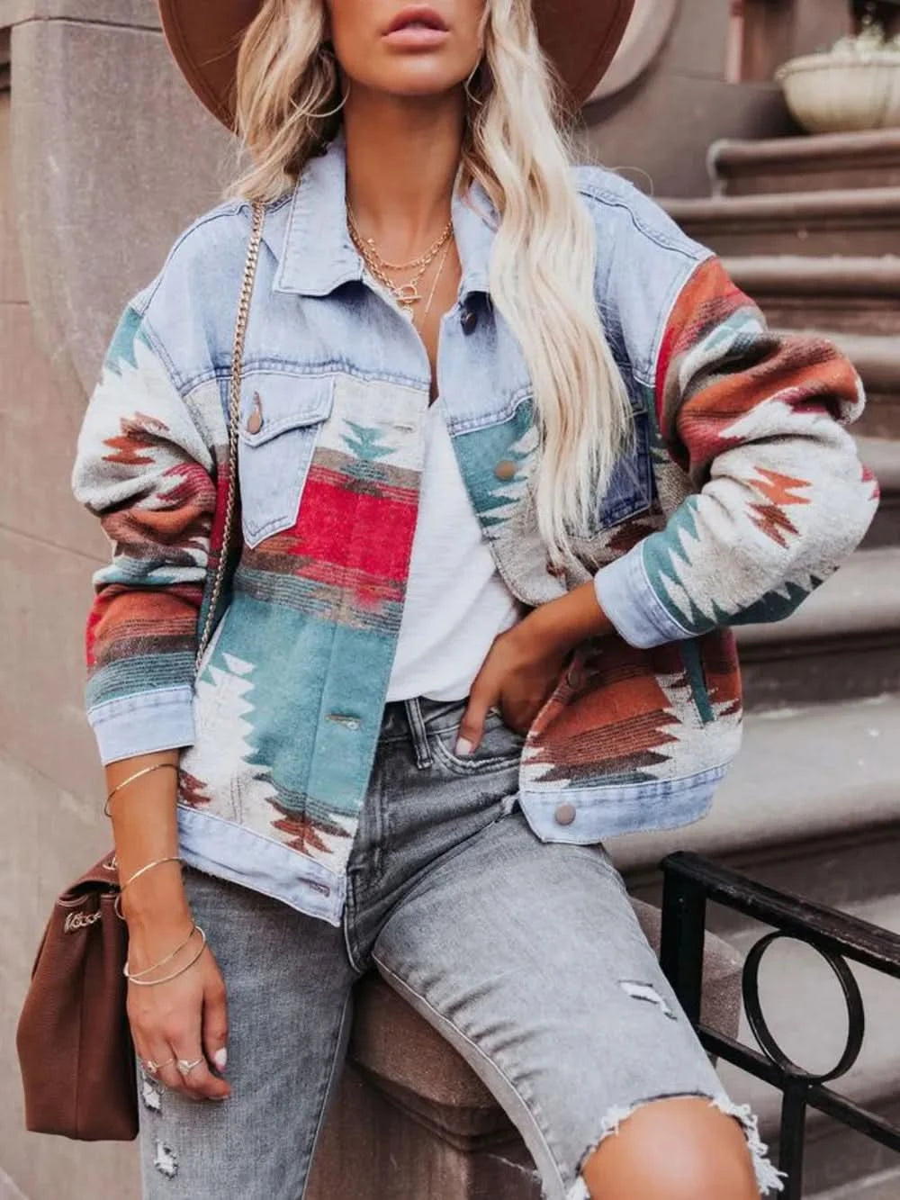 Geometric Button Up Long Sleeve Jacket in Light Blue - photo
