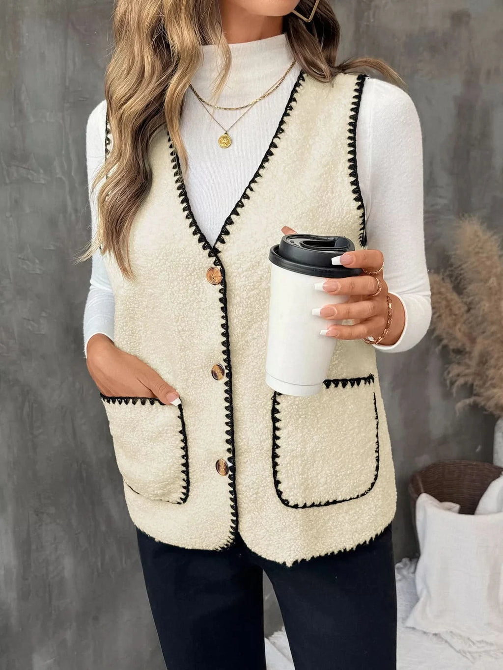 V-Neck Button Up Vest Coat in - photo