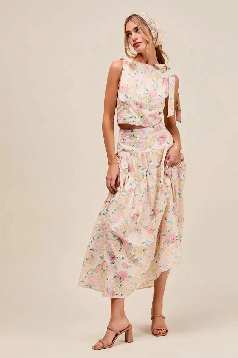SO ME Floral Printed Woven Shoulder Bow Tie Top and Skirt Set in - photo