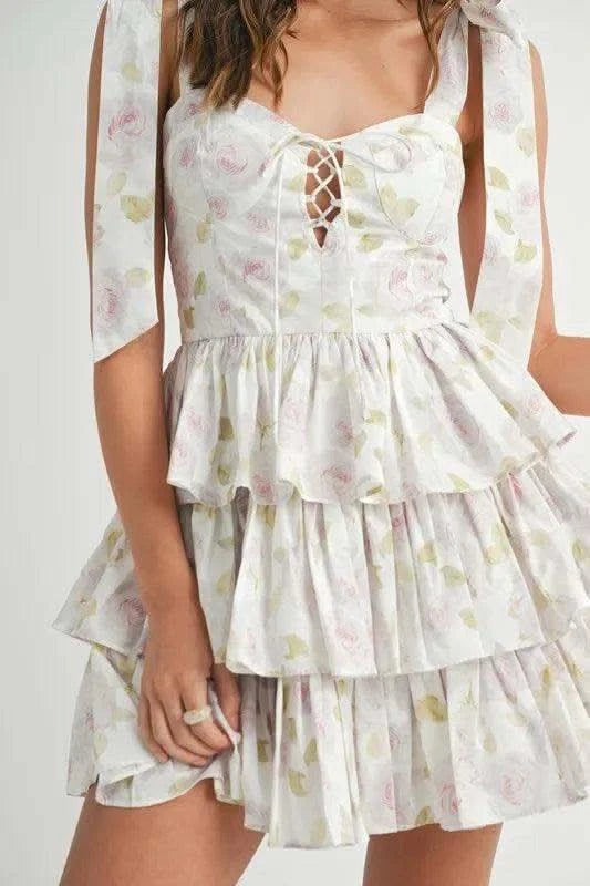MABLE Floral Print Shoulder Tie Layered Mini Dress in - photo