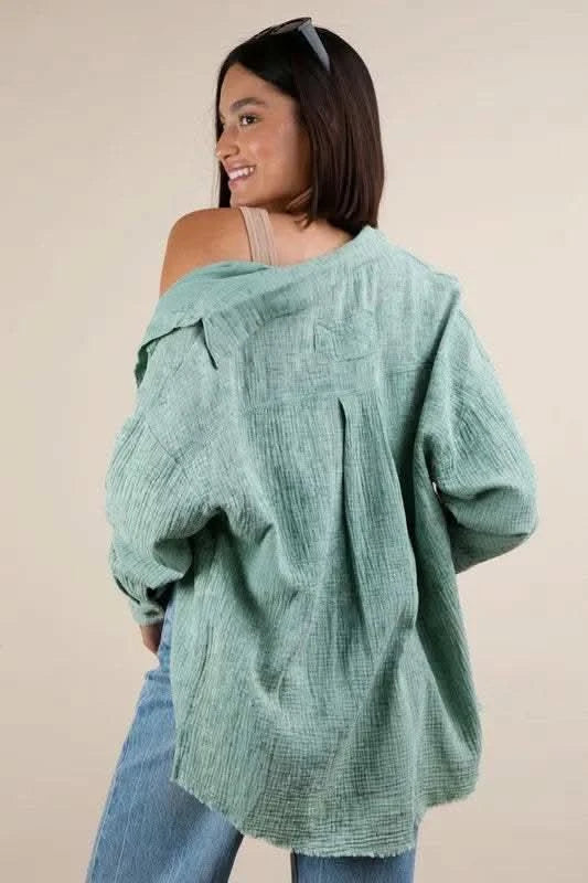 VERY J Mineral Washed Gauze Button Down Shirt - SwagglyLife Home & Fashion