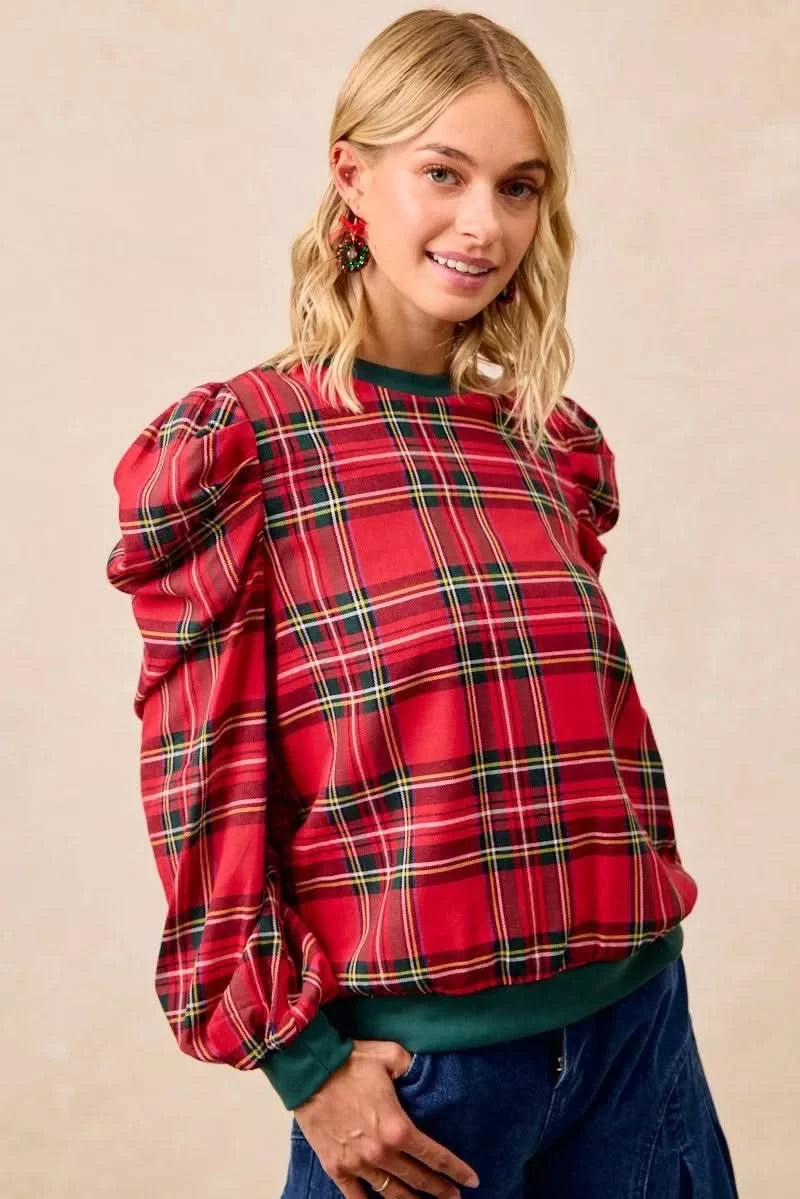 BiBi Christmas Plaid Exaggerated Shoulder Sleeves Top in - photo