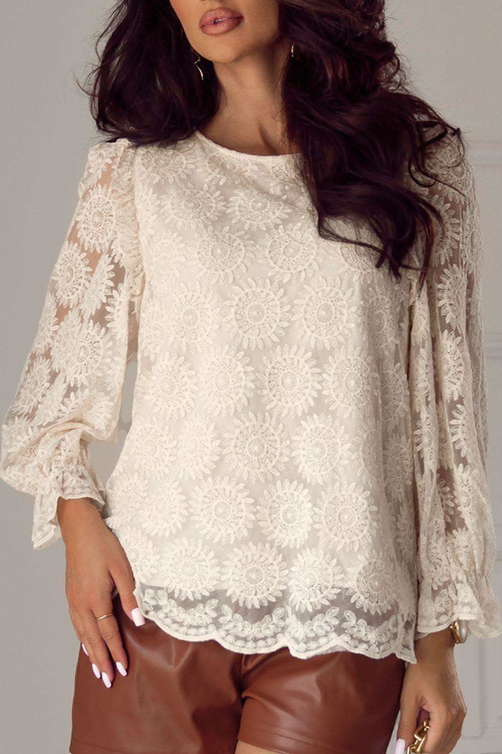 Flower Jacquard Flounce Sleeve Blouse - SwagglyLife Home & Fashion