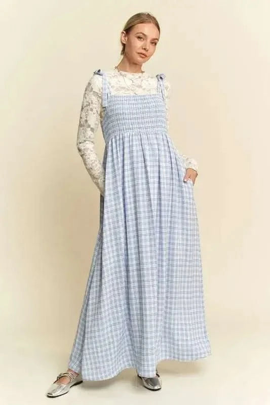Davi & Dani Plaid Smocking Sleeveless Maxi Dress in Blue - photo
