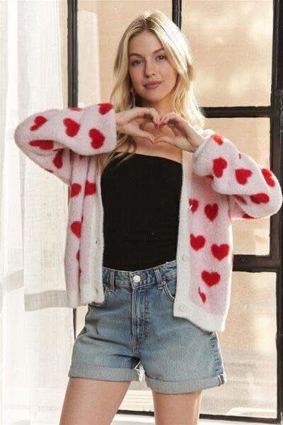 ADORA Fuzzy Heart Button Down Cardigan - SwagglyLife Home & Fashion