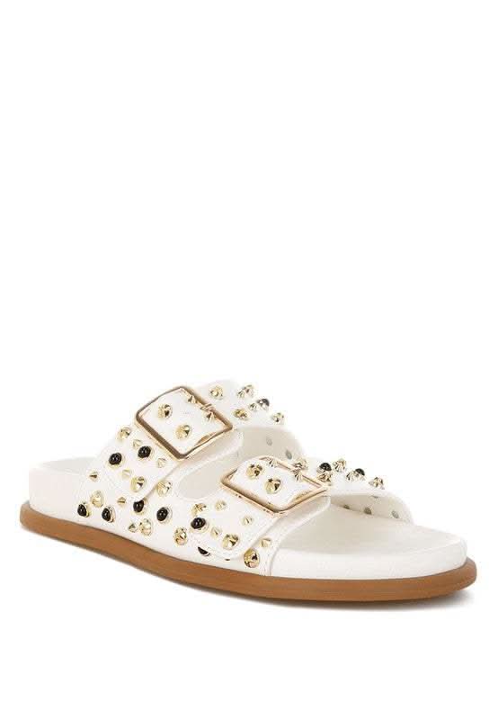 Rag Co. Jayata Metallic Stud Embellished Slides in White - photo