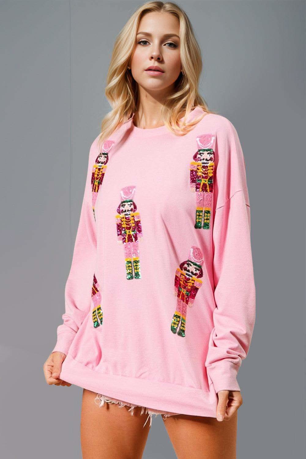 Double Take Sequin Nutcracker Round Neck Long Sleeve Sweatshirt - SwagglyLife Home & Fashion