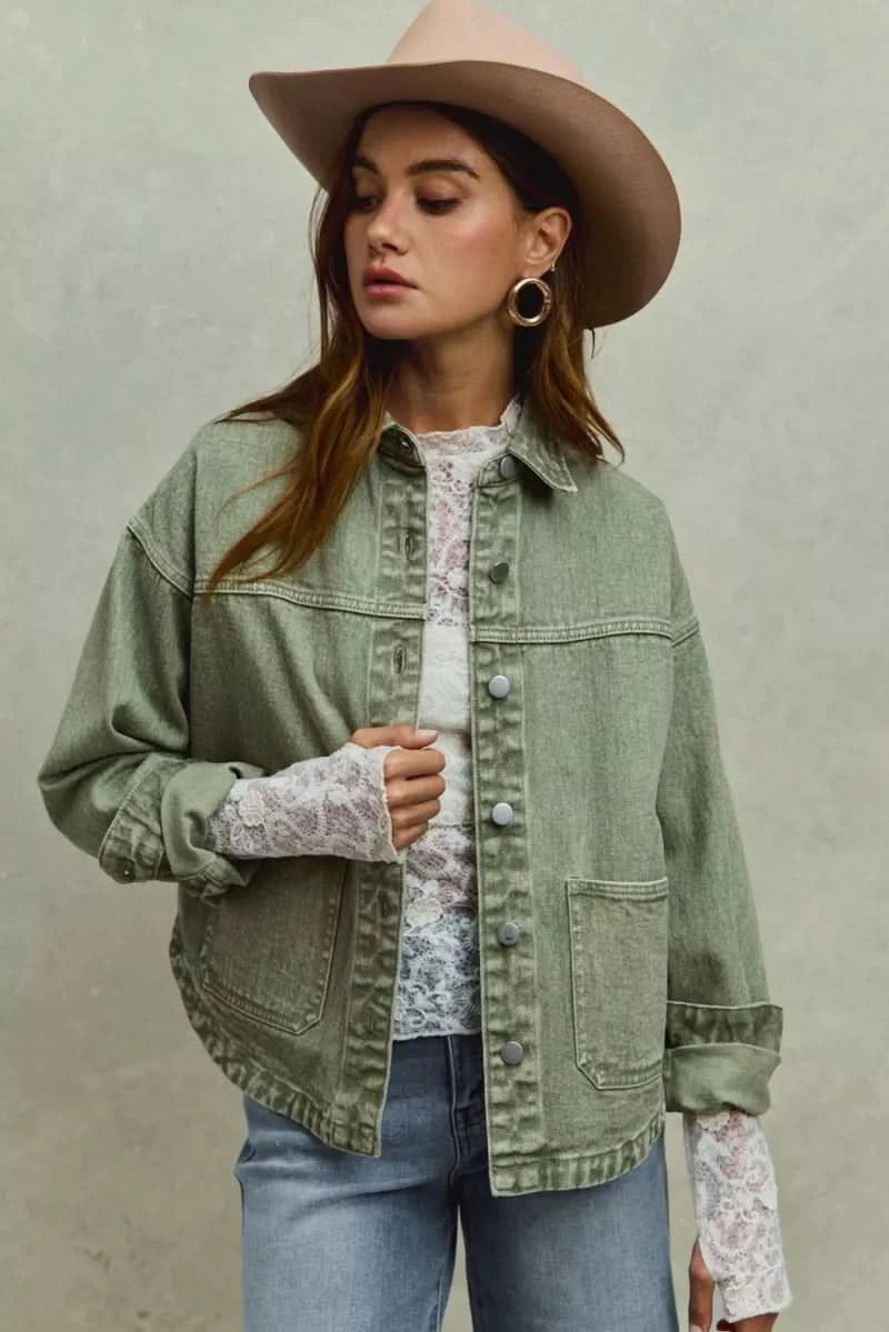 SO ME Vintage Washed Button Twill Shacket in VINTAGE OLIVE - photo