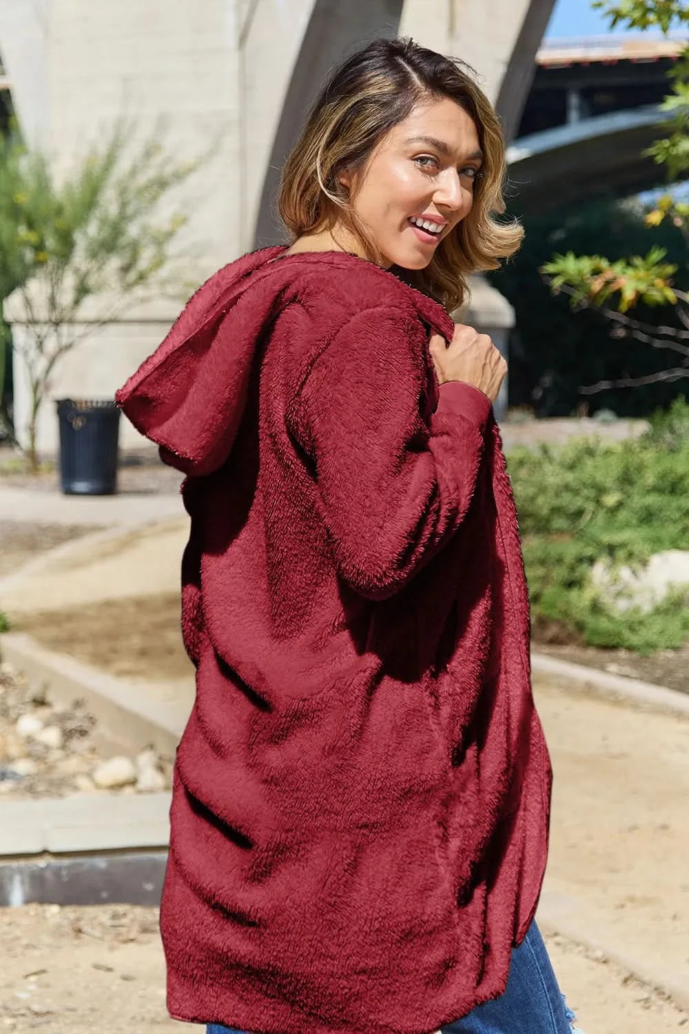 Double Take Full Size Hooded Teddy Bear Jacket with Thumbholes in - photo