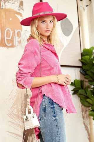 Washing Wrinkled Gauze Button Down Shirt With Rough Edge - SwagglyLife Home & Fashion Washing Wrinkled Gauze Button Down Shirt With Rough Edge - SwagglyLife Home & Fashion