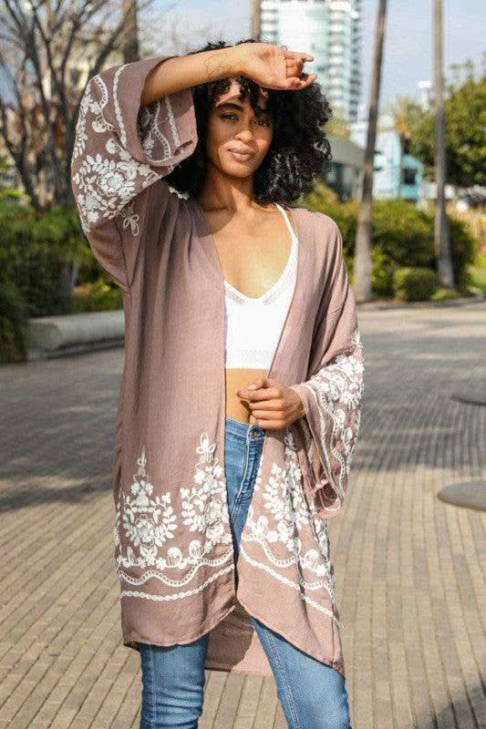 Embroidered Floral Vine Lightweight Kimono - SwagglyLife Home & Fashion
